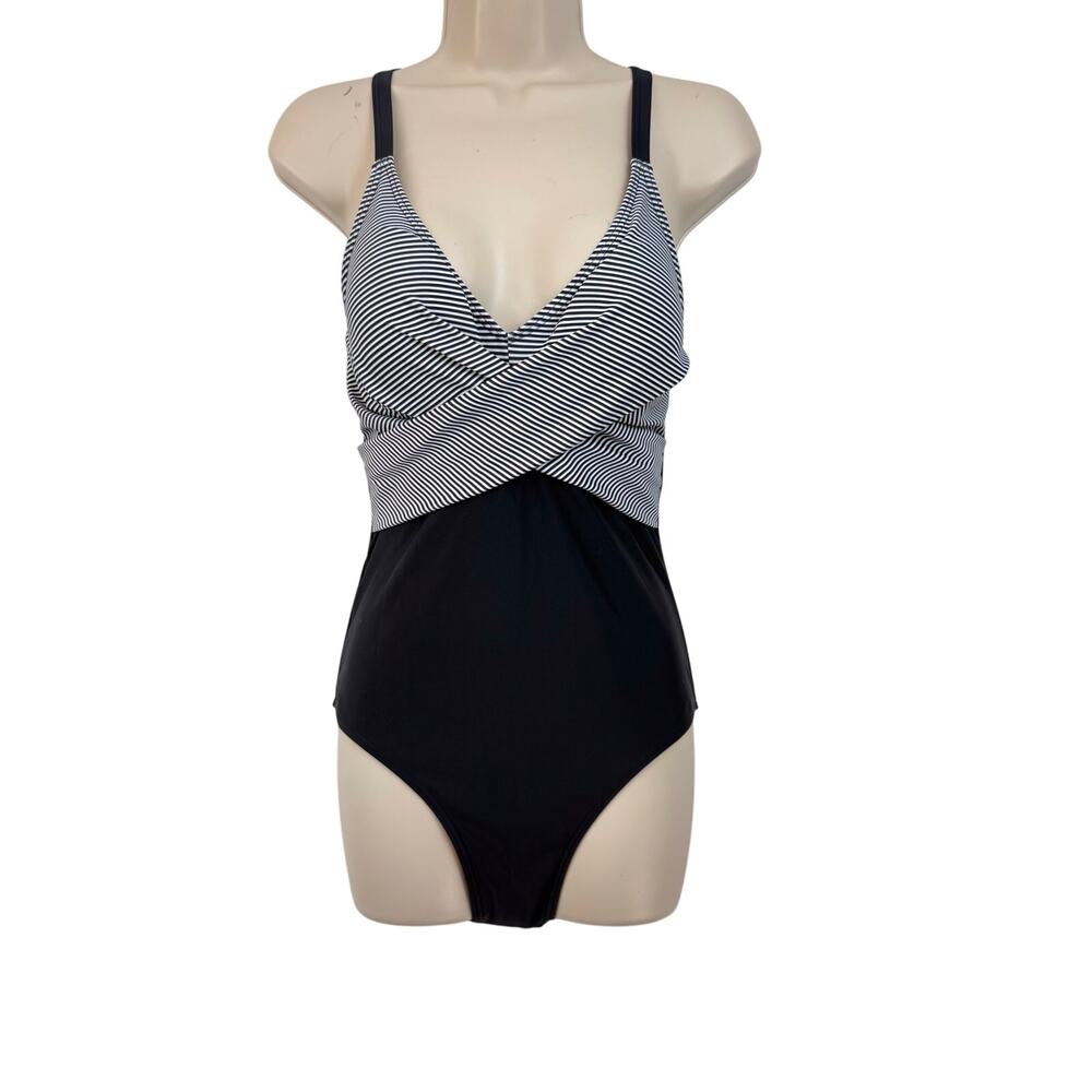 NWT B2Prity Black White One Piece Bathing Suit Flattering Front Cross Neckline
